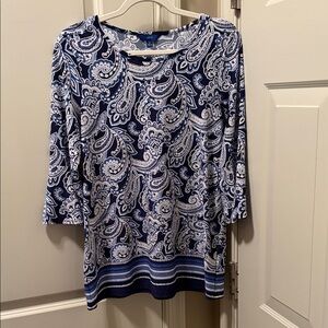 Apt. 9 Women's Long Sleeve Paisley Top - Navy and White